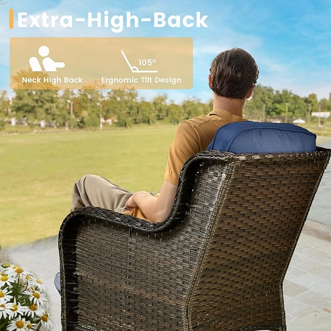 HOOOWOOO Patio Furniture Set,3 Piece Outdoor Furniture with Swivel Chairs,Wicker Patio Bistro Chairs Set,Navy Blue
