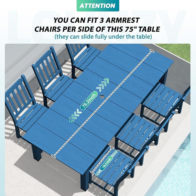 LOUNZY 9 Pieces Patio Dining Sets, Outdoor HDPE Furniture Set for 8 w/ 2" Hole Cut-Out Dining Table with 8 Patio Chairs(2 W/Armrest, 6 w/o Armrest), Navy