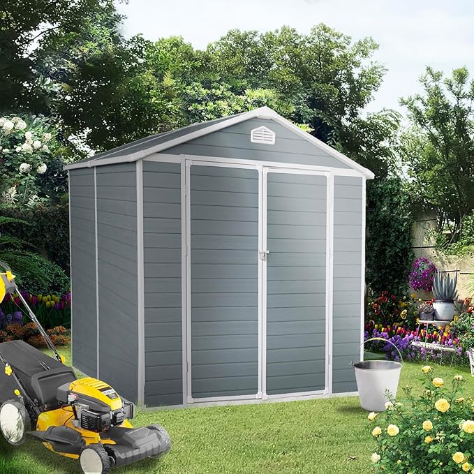 JT 6×8ft Resin Outdoor Storage Shed,Outdoor Storage Shed with Floor & Window to Store Patio Furniture, Garden Tools Bike Accessories, Beach Chairs and Lawn Mower. (6ft×8ft)