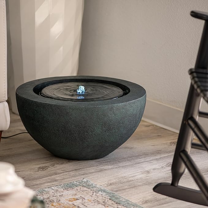 Xbrand 19.8" W Round Polyresin Indoor/Outdoor Sphere Water Feature w/LED Light, Garden Patio Fountain Decor, Dark Green, ALLS3542-2