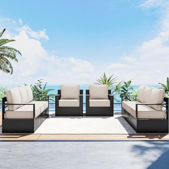 Outdoor Patio Furniture Set, 4-Piece Aluminum Patio Conversation Set All-Weather Metal Outdoor Sectional with 6 Inch Thick Cushions, Deep Setting for Garden, Outside and Porch