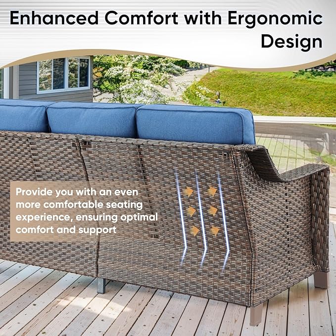 4 Piece Patio Furniture Set-Outdoor Rattan Wicker Sofa with Patio Chairs Outdoor Furniture for Porch Garden Backyard Poolside-Brown/Blue