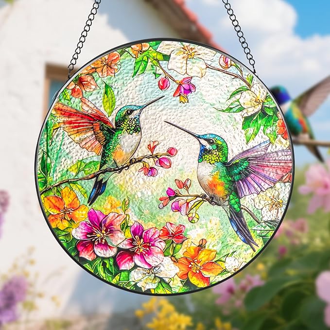 Suncatcher Stained Glass Window Hanging - Hummingbird Glass Panel with Metal Chain and Hooks Handmade Sun Catcher Decoration for Window Garden Home Christmas & Birthday Gifts (8 Inch)