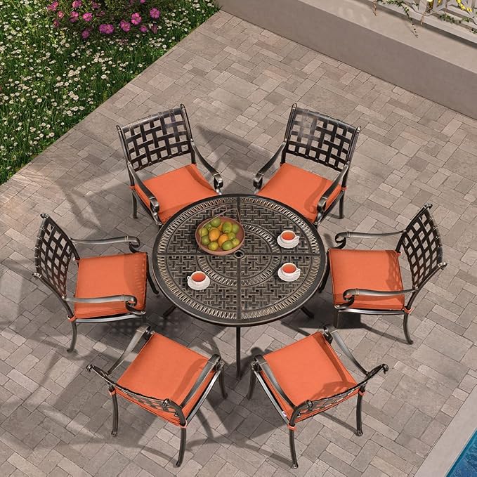 PURPLE LEAF Patio Dining Set Cast Aluminum 7-Piece Patio Furniture Set with 6 Dining Armchairs and 47" Round Table, 6 Cushions Included, for Lawn Yard Garden, Lattice Brick Red Outdoor Dining Set