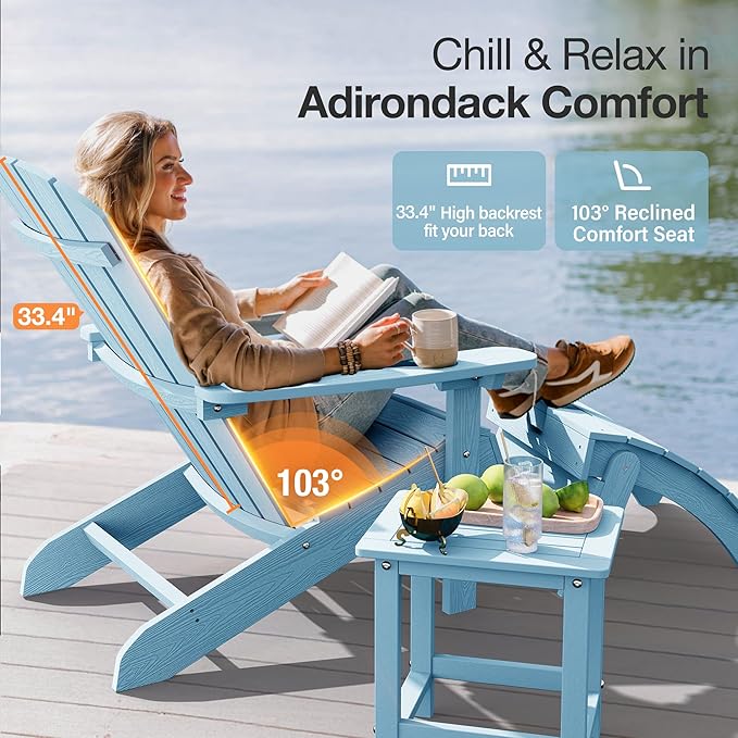 YEFU Adirondack Chairs Set of 2 Plastic Weather Resistant, Outdoor Chairs 5 Steps Easy Installation, Like Real Wood, Widely Used in Outdoor, Patio, Fire Pit, Deck, Outside, Campfire Chairs (Blue)