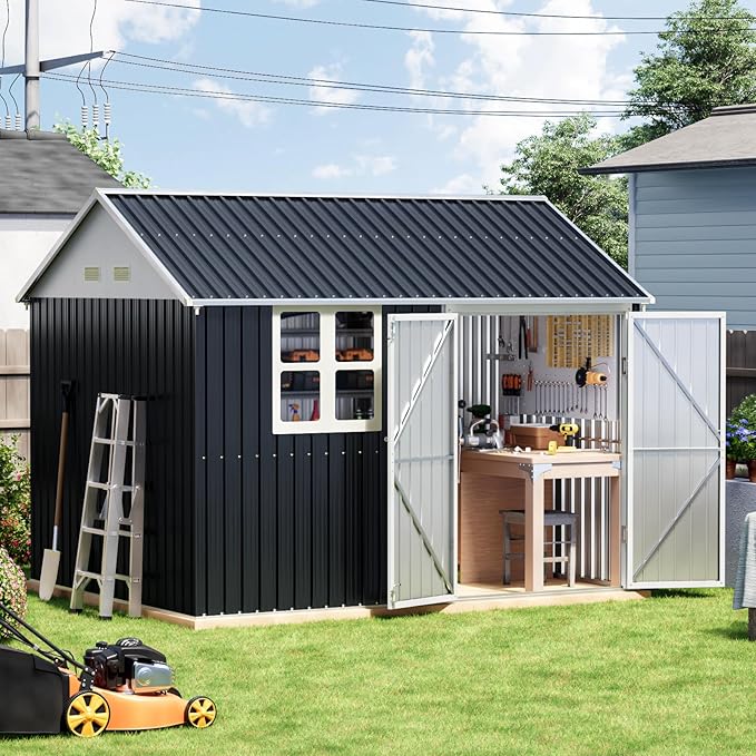8x10 FT Outdoor Metal Storage Shed, Single Door, 1 Clear Window, Tool Shed for Garden, Patio, Backyard Nightblue