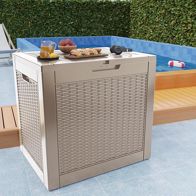 EasyUp 30 Gallon Outdoor Storage Box, Resin Waterproof UV-Resistant Deck Box, Reinforced Stability for Patio, Garden, and Poolside, Rattan Gray
