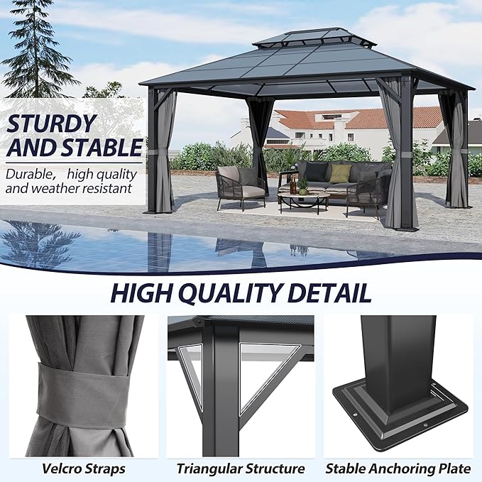 12' x 14' Hardtop Gazebo, Outdoor Polycarbonate Double Roof Gazebo with Metal Frame Permanent Pavilion with Netting& Curtains for Garden, Patio