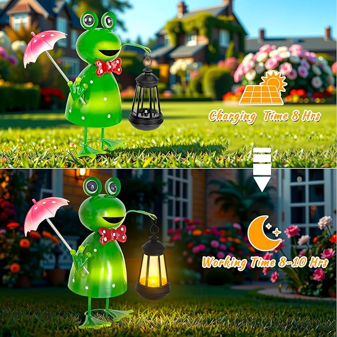 Solar Garden Lights Frog Statue with Solar Lantern Lights,15.62 in Tall Frog Garden Decor,Outdoor Forg Figurines Decorations for Patio Yard Lawn Ornaments Gifts for Birthday Housewarming Mother's Day
