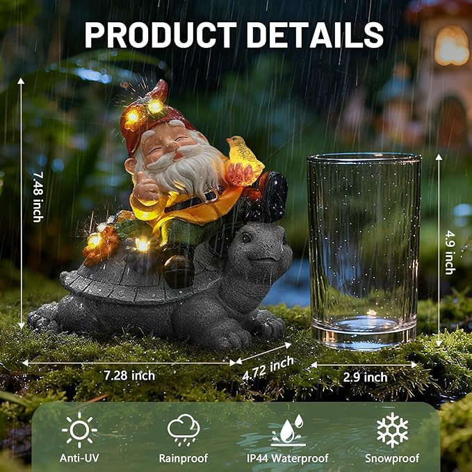 Solar Gnome on Turtle Statue Light, Weatherproof Resin Garden Decor Auto On/Off - Whimsical Night Glow for Fairy Garden & Yard