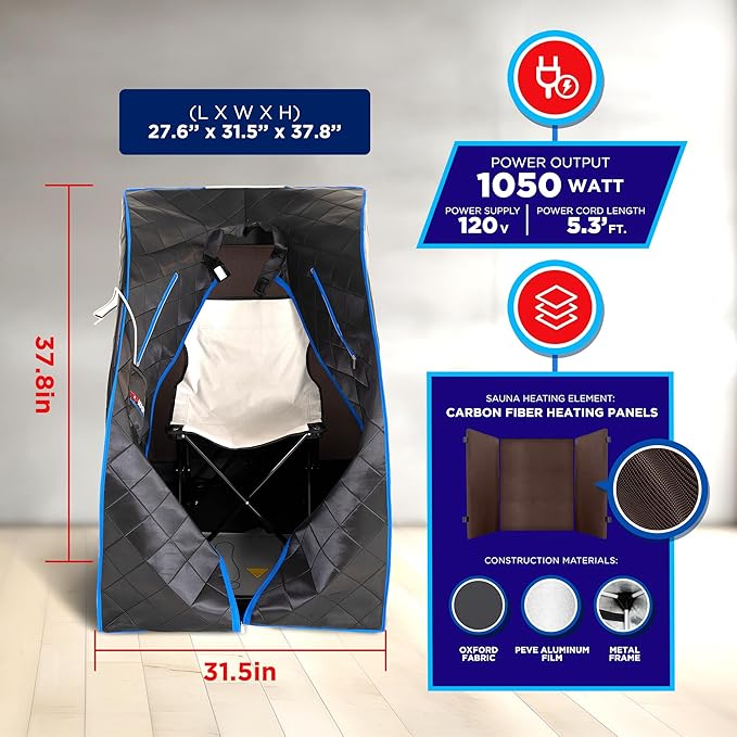 TopMaster Foldable Infrared Sauna, Portable Sauna for Home, Sauna Tent Sauna Box Portable, Indoor Portable Sauna with Foldable Chair, Wired Controller - Sauna Box for Home 1050W Power, Max 140°F Black