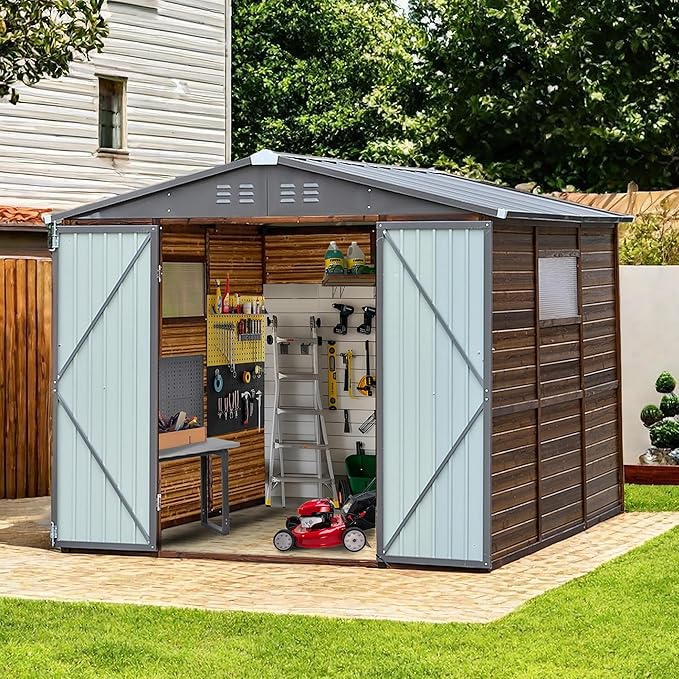 Shed 8' x 8' Storage Shed, 8x8 FT Wood Sheds & Outdoor Storage Clearance, Utility and Tool Garden Shed, Waterproof Storage Shed Large with Lockable Doors for Backyard, Patio, Outside