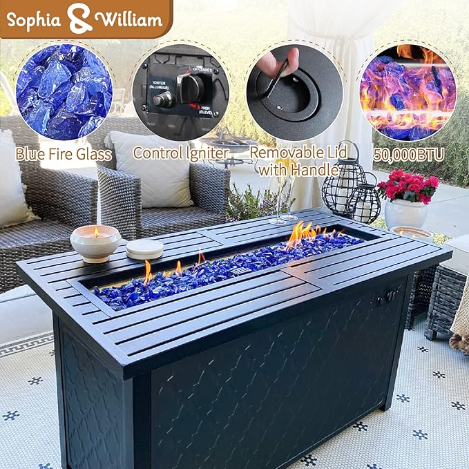 Sophia & William Patio Furniture Sets for 9 with 45" Gas Fire Pit Table Outdoor Conversation Sets 8 Pcs, 2xSofa Chairs, 2xSwivel Cushion Chairs, 1x3-Seat Sofa, 2xOttomans for Porch Poolside Grey
