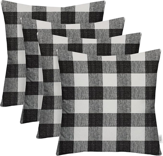 RSH DECOR: Square Throw Pillows Set of 4 | 17” x 17” | All-Weather Spun Fabric | Water and Fade-Resistant | Outdoor Accent Pillows for Patio Furniture | Black Buffalo Plaid