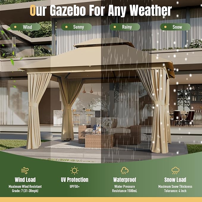 AOXUN Outdoor Gazebo for Patio 10x12, Metal Frame Canopy with Double Roofs, Heavy Duty Party Tent and Shelter with Mosquito Netting and Privacy Screen for Backyard, Lawn, Garden, Deck