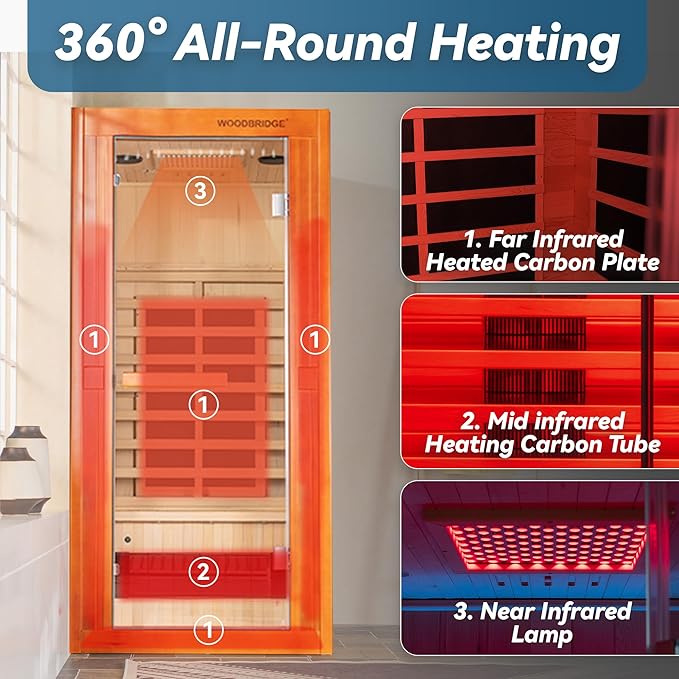 Woodbridge Infrared Home Sauna Room 1 Person Hemlock Wooden Indoor Sauna with 7 Carbon Heaters, Red Light Therapy, Bluetooth Speaker, Intelligent Control Panel, Tempered Glass & Top Vent