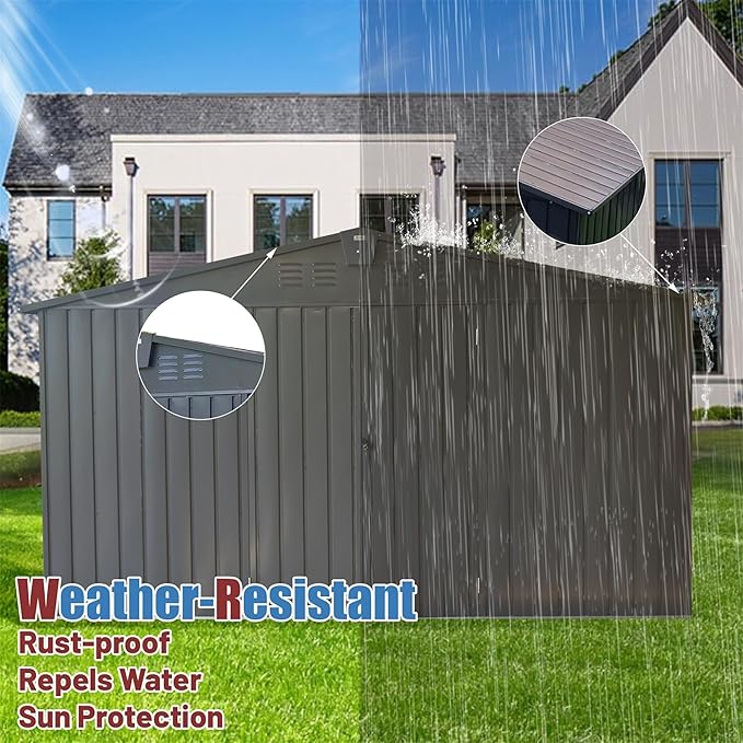 11x12.5ft Outdoor Storage Shed with Windows, Galvanized Steel Garden Shed, Lockable Double Doors and 16 Vents, Large Utility Tool Storage for Backyard Patio