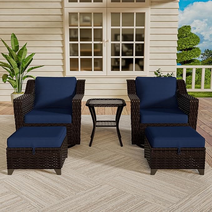 Vista Vibe 5 Pieces Outdoor Rattan Patio Conversation Furniture Set - 360 Degree Swivel Glider Rocker Chairs | Coffee Table | 2 Wicker Ottomans, Premium & Washable Cushions, Terrace (Brown/Navy)