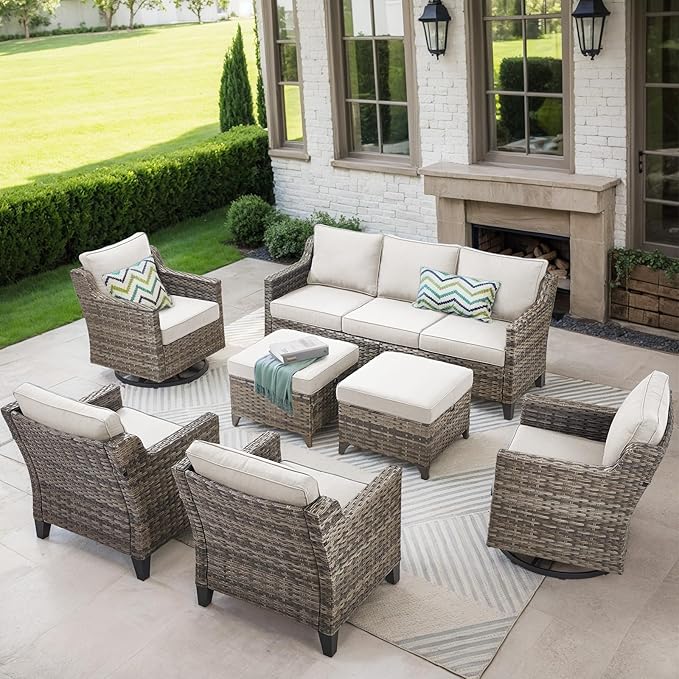 Patio Furniture Set, 7 Pieces Outdoor Wicker Rattan Sofa Couch with Swivel Rocking Chair, Ottomans and Comfy Cushions, All Weather Outdoor Conversation Sets, Suit for Porch Deck