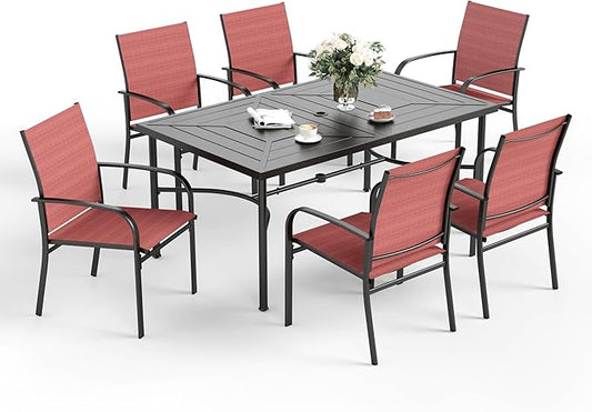 7 Pcs Patio Dining Set for 6, Rectangular Metal Dining Table with Umbrella Hole and 6 Chairs, Outdoor Table and Chairs Set for Lawn Garden Backyard and Deck, Red