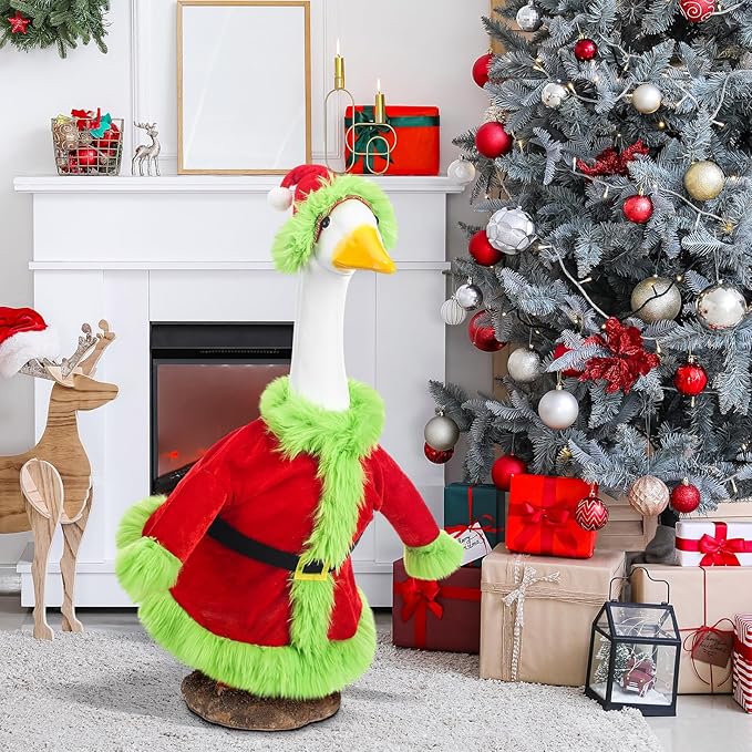 Christmas Porch Goose Outfit for 23" High Cement or Plastic Green Santa Claus Costume Lawn Christmas Goose Outfit for Yard Lawn Outdoor Garden Patio Xmas Holiday Decor