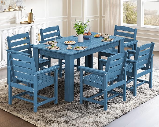 SERWALL Patio Dining Set for 6, Outdoor Dining Sets for 6 Person with 1 Umbrella Hole Cut-Out Rectangular Table and 6 Chairs, HDPE Dining Sets for Garden, Backyard, Poolside, Blue