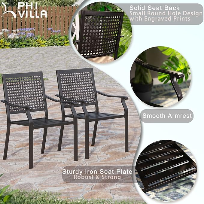 PHI VILLA 7 Pieces Patio Dining Set for 6 with 13ft Large Patio Umbrella, Metal Outdoor Stackable Wrought Iron Chair Set of 6 & 60"X38" Metal Dining Table,Market Table Orange Red Umbrella