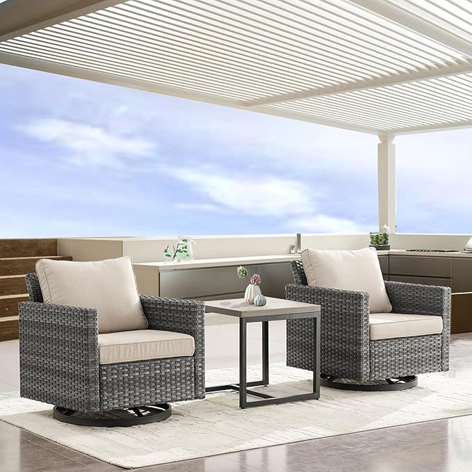 Chair, 360-degree Swivel Wicker Patio Rocker Chair Set of 2 with Side Table, Queen Anne Style, Grey/Beige, Outdoor Furniture