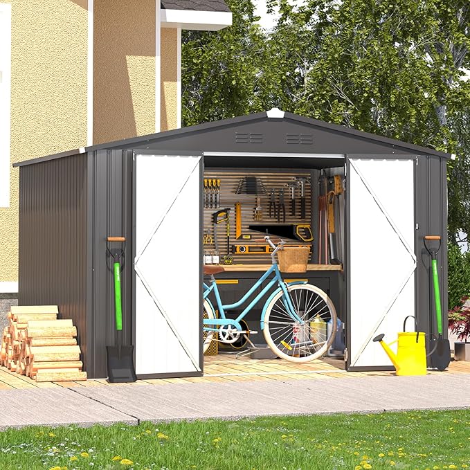 AECOJOY Shed 8' x 10' Outdoor Storage Metal Shed, Dark Grey Steel Yard Shed with Design of Lockable Doors, Utility and Tool Storage for Garden, Backyard, Patio, Outside use