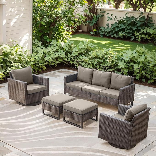 Rilyson Wicker Outdoor Patio Furniture Set - 5 Piece Patio Conversation Set with 2 Swivel Rocker Chairs,2 Rattan Ottoman and 1 Couch for Outside Porch Deck Backyard Garden(Brown/Grey)