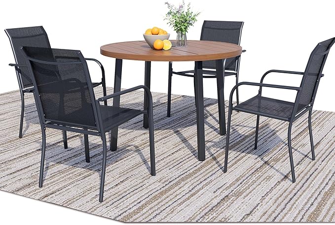 5 Pieces Round Dining Table Set for 4, Patio Dining Set Includes 4 Black Stackable Patio Chairs and 1 Walnut Round Table, Patio Furniture Sets with Sling Support for Outside, Garden