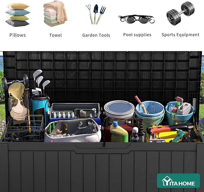 YITAHOME Outdoor Storage Box, 120 Gallon Waterproof Deck Box for Garden Tools, Patio Cushions, and Pool Accessories, Lockable, Easy Assembly, Versatile Bench or Table (Black)