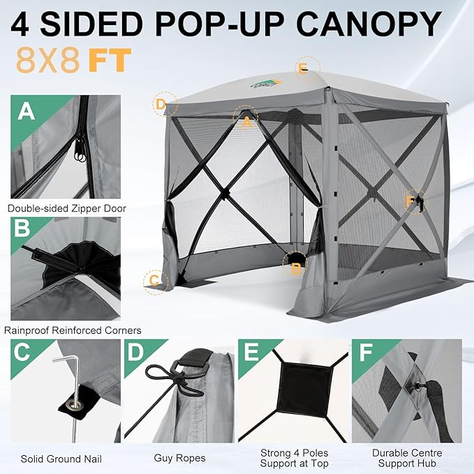 COBIZI 6x6 Pop up Gazebo Tent, Ez up Waterproof Screen Tent Screen House, Portable Outdoor Canopy Sun Shelter with Carry Bag & Ground Stakes for Camping, Garden and Picnics, Gray(Upgraded 2.0)