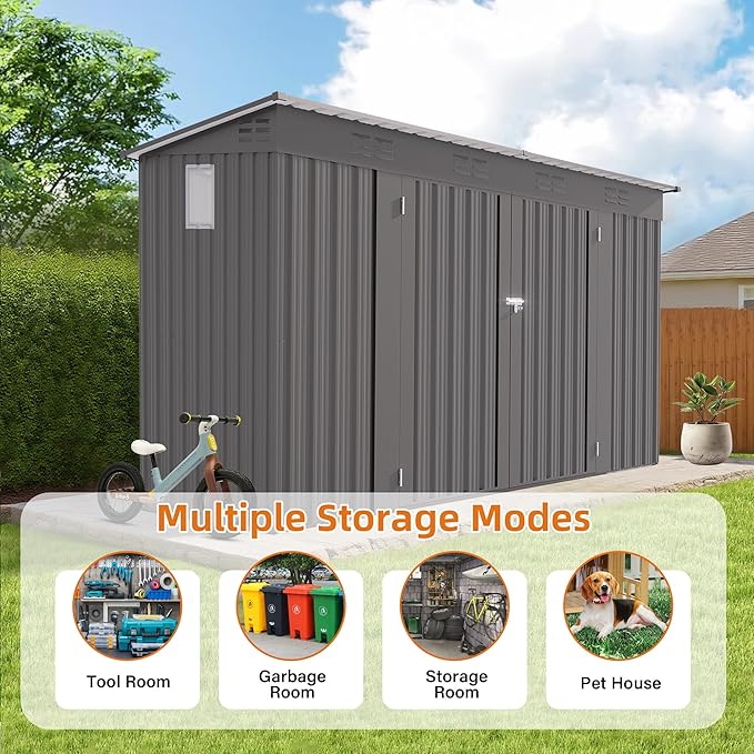 4x9 FT Outdoor Storage Shed,Metal Shed W/Window,Garden Storage Shed W/ 6 Air Vents & 2 Swing Doors,Weatherproof Tool House W/Sloped Roof,for Backyard Patio Lawn,Gray