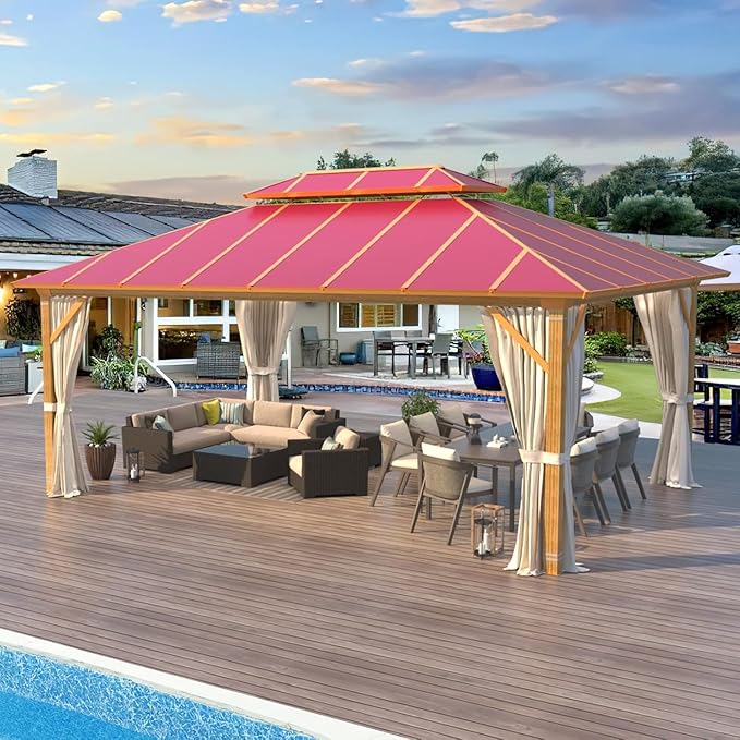 MELLCOM 12' x 16' Hardtop Gazebo, Wooden Finish Coated Aluminum Frame Outdoor Gazebos with Aluminum Double Roof, Claret Metal Gazebo with Curtains and Nettings for Patios, Gardens, Lawns