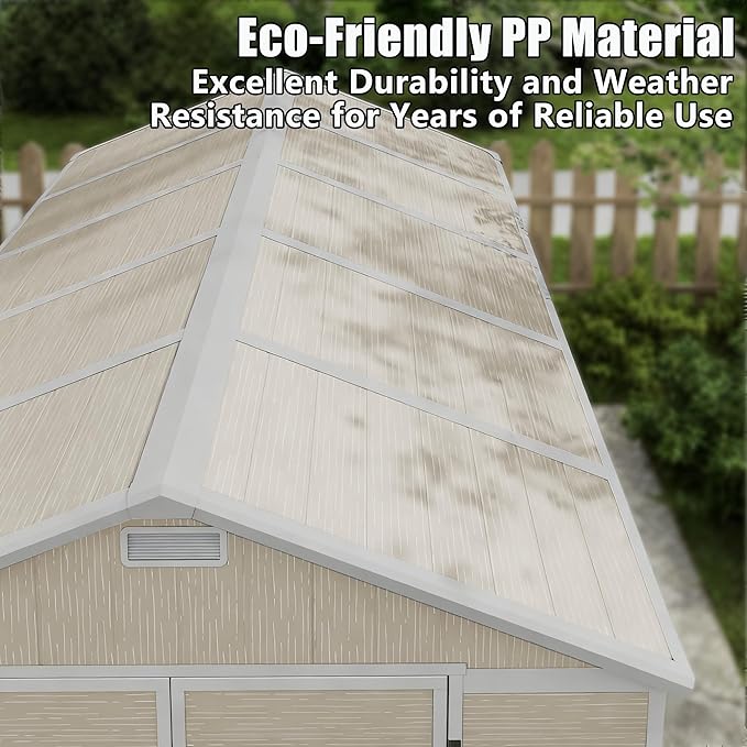 Outdoor Shed 5x3/6x4/7x7/8x6/8x10/8x12 FT, 15MM Thick PP Resin Plastic Shed with Lockable Door & Floor - Waterproof Plastic Tool Shed for Bike, Garbage Can, Backyard, Patio ﻿ ﻿ (Light Brown, 8x10FT)