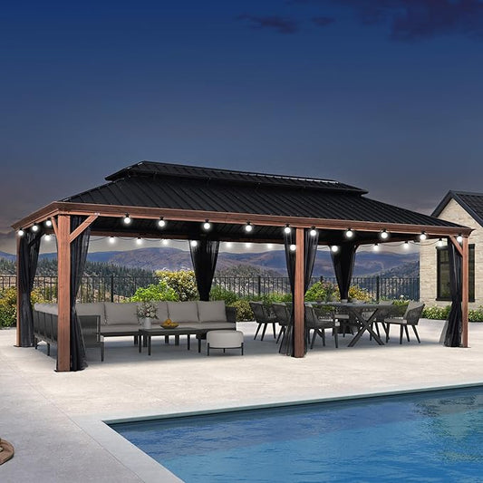 PURPLE LEAF 12' X 24' Outdoor Hardtop Gazebo for Patio Galvanized Steel Double Roof Permanent Canopy Teak Finish Coated Aluminum Frame Pavilion Gazebo with Netting and String Lights