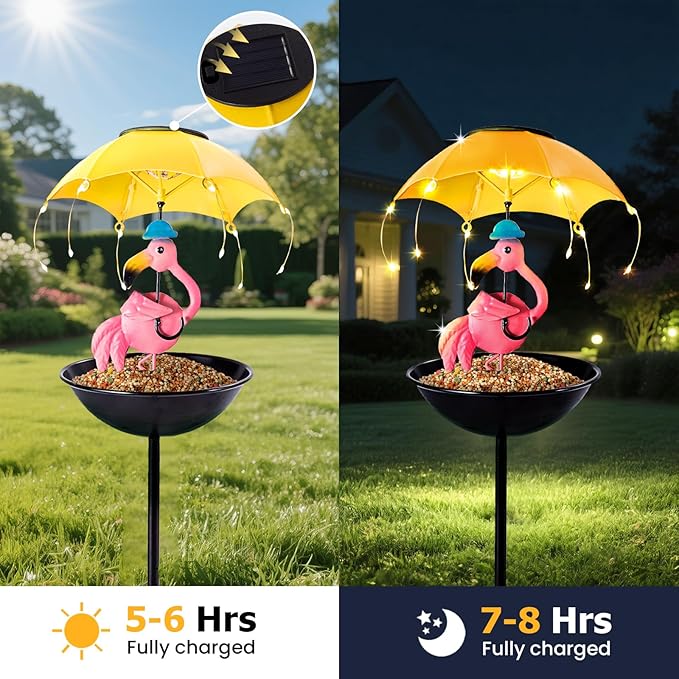 Bird Feeder Solar Garden Decor, Waterproof Flamingo Metal Wildbird Cardinals Hummingbirds Feeders with LED Lights, Gifts for Mom Grandma Bird Lovers Outdoor Path Yard Decoration