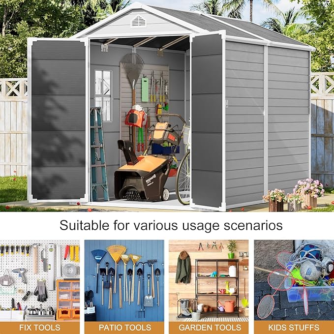 Resin Storage Shed with Floor 8 x 6 FT Waterproof Plastic Outdoor Garden Sheds Kit with Lockable Door & Windows,Patio Tool Shed for Backyard Lawn, Gray