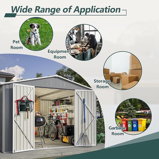 10 x 10 FT Outdoor Storage Shed, Large Metal Tool Sheds with Updated Frame Structure and Lockable Doors, Garden Shed for Backyard Garden Patio Lawn, Grey