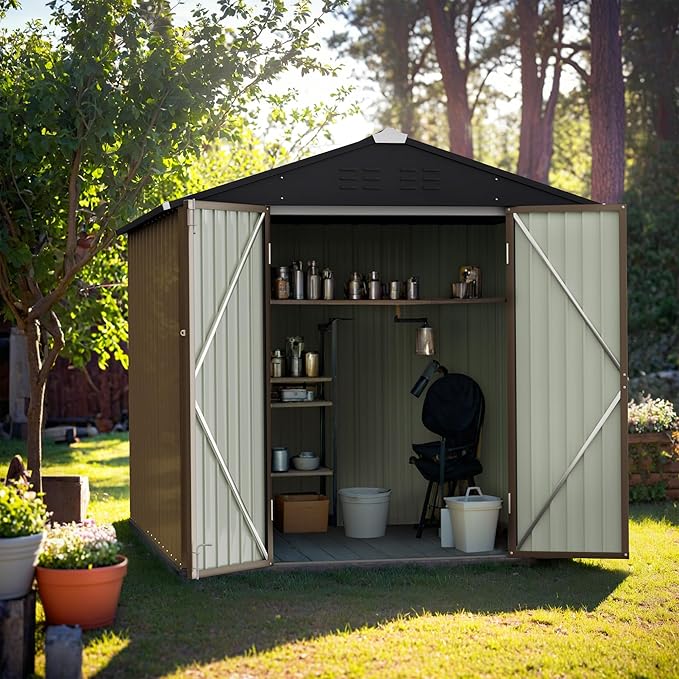 GUNJI 6 x 4 FT Shed Outdoor Storage Shed Metal Garden Shed with Lockable Door Outside Waterproof Tool Shed for Backyard, Patio, Lawn (Brown)