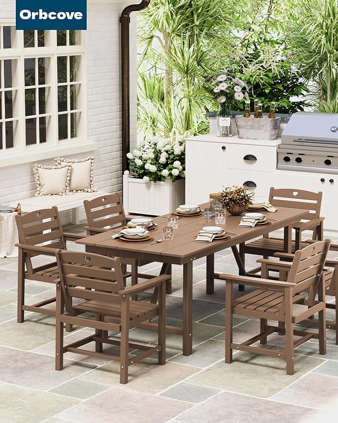 Patio Table and Chairs Set with Umbrella Hole, HDPE Patio Dining Set for 4, Outdoor Dining Set for Lawn, Patio, Porch, Deck, Poolside, Yard (Teak, 5-Piece)