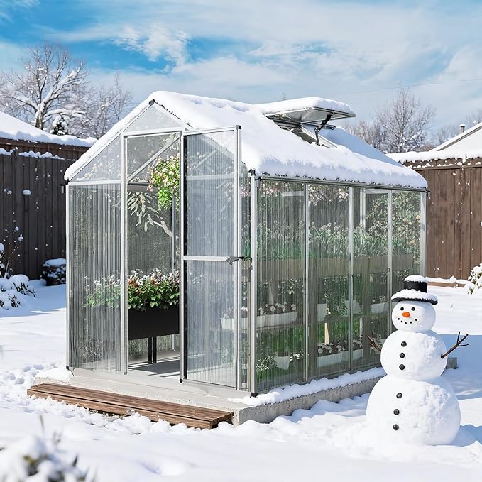 Aoodor 6 x 8 Ft Walk-in Greenhouse with Gutter, Polycarbonate and Heavy-Duty Aluminum Frame, Adjustment Skylight and Lockable 2-Sided Door for Patio, Outdoor, Yard, Lawn Use, Silver