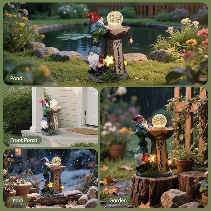 Solar Gnome Statue with Glowing Globe Light,Weatherproof Resin Garden Figurine Decor Auto On/Off - for Patio,Yard & Housewarming Gift (Reminder: IT is NOT A Real Fountain)