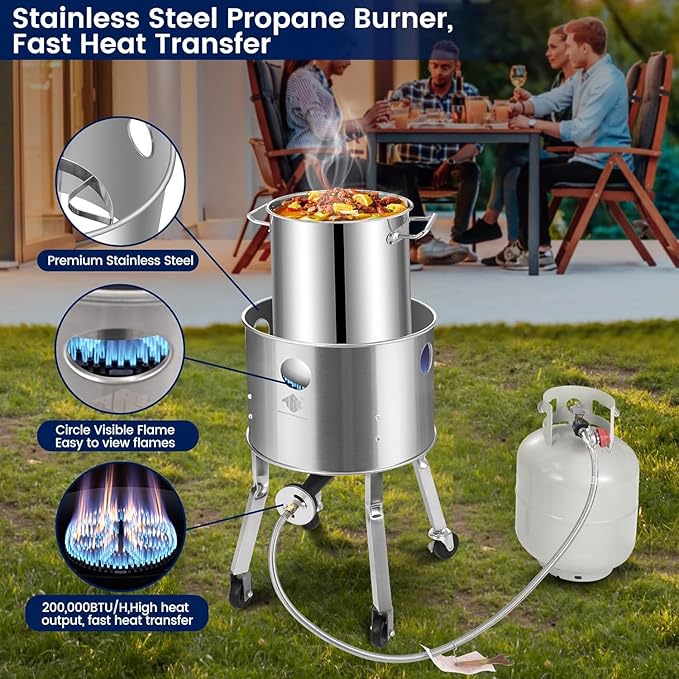 ARC 64QT Seafood Boiling Kit, 200,000BTU Stainless Steel Propane Burner And Crawfish Boil Pot With Strainer, Wheeled Legs and 360°Windscreen For Outdoors Cooking and Steaming, Large Turkey Fryer Pot