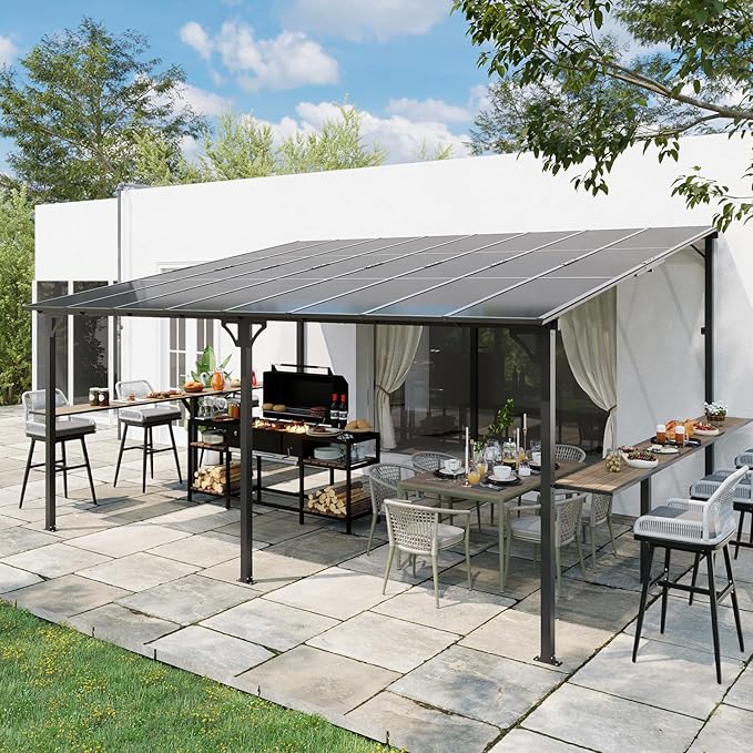 MEISSALIVVE 12' x 16' Wall Mounted Gazebo, Outdoor BBQ Grill Gazebo with Side Shelf, Lean to Metal Awnings with Sloped Roof, Heavy Duty Pergola for Backyard, Deck, Black