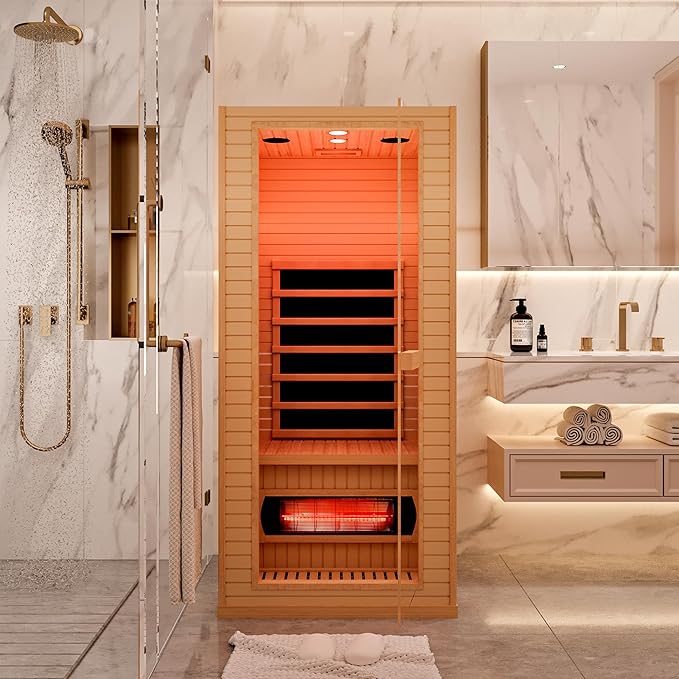 Infrared Sauna for Home, 1 Person Full Spectrum Infrared Sauna, Indoor Dry Roomy Sauna with Rapid Heating 4 Carbon Panels&1 Carbon Tube, 7 Color Therapy Lights, 110V