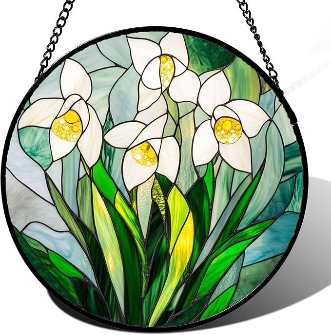Stained Glass Window Hanging - White Snow Lotus Birth Flower Suncatcher for Doors Garden Patio Sun Catchers Decor Christmas Mother's Day Birthday Gifts for Women Men Mom Nana Friend 11.8 in