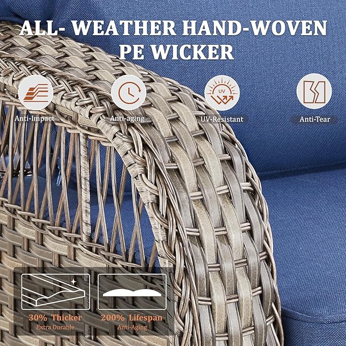 5 Pieces Patio Furniture Set Outdoor Sectional Sofa Couch with Rocking Swivel Chairs 5" Deep Seat Chairs, Modern Wicker Rattan Conversation Set, Blue/Gray Wicker