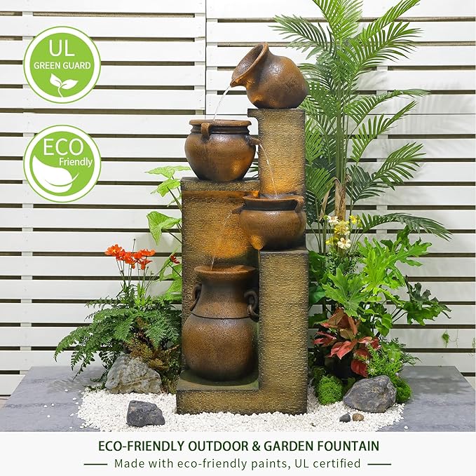 Water Fountain Outdoor Fountain with Lights - 53 Inches 4 Tiered Floor Standing Outdoor Water Fountains and Waterfalls for Garden, Patio, Backyard, Porch Home Art Decor